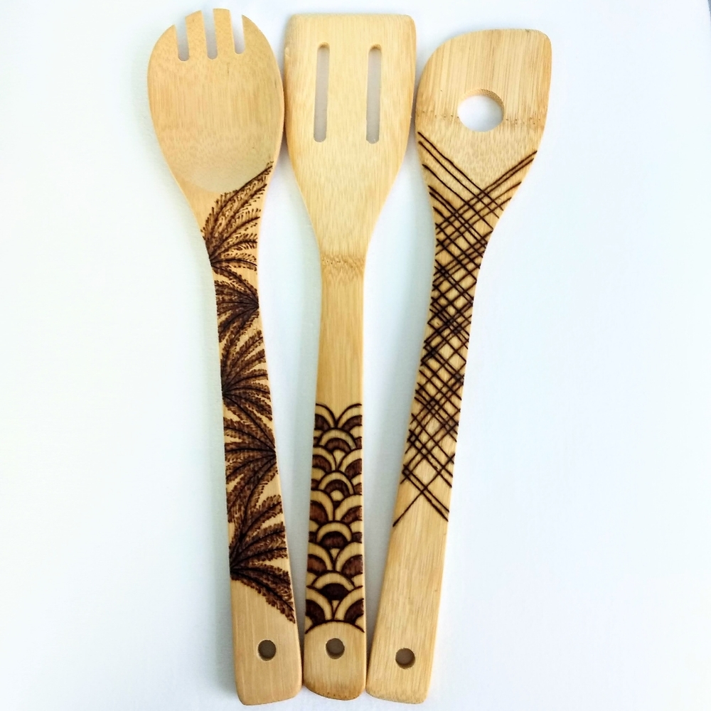 Hand Woodburn Geo Pattern Bamboo Kitchen Utensils